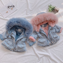 Load image into Gallery viewer, OLEKID 2019 Winter Baby Girl Denim Jacket Plus Velvet Real Fur Warm Toddler Girl Outerwear Coat 1-4 Years Kids Infant Girl Parka