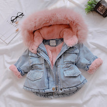 Load image into Gallery viewer, OLEKID 2019 Winter Baby Girl Denim Jacket Plus Velvet Real Fur Warm Toddler Girl Outerwear Coat 1-4 Years Kids Infant Girl Parka