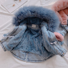 Load image into Gallery viewer, OLEKID 2019 Winter Baby Girl Denim Jacket Plus Velvet Real Fur Warm Toddler Girl Outerwear Coat 1-4 Years Kids Infant Girl Parka